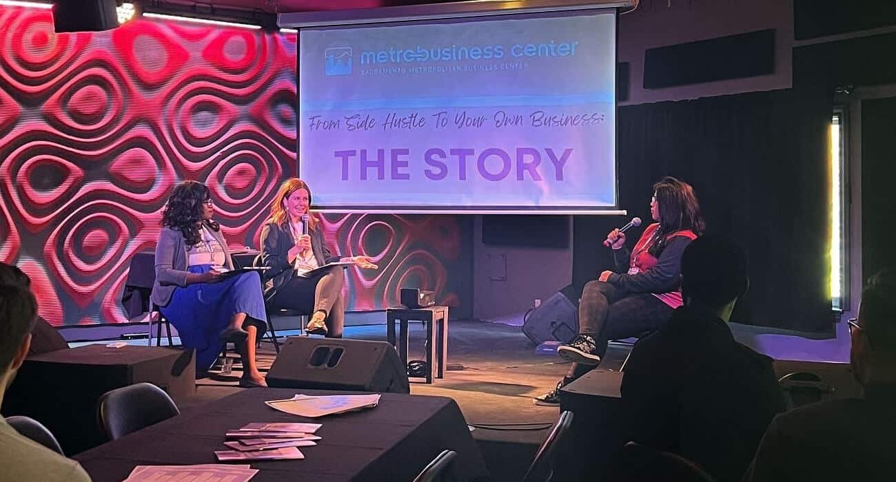 Three woman interview at 'From Side Hustle To Your Own Business: The Story' event